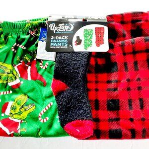 Boys Christmas Pajama Pants 2 Pairs Cozy Socks Green Red Dinosaur Plaid 10-12
